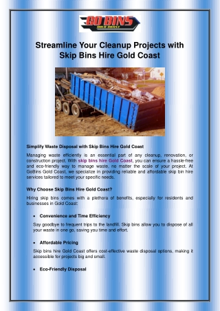 Streamline Your Cleanup Projects with Skip Bins Hire Gold Coast