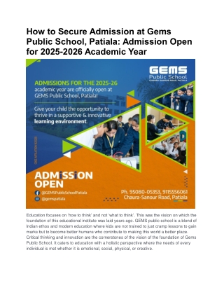 How to Secure Admission at Gems Public School, Patiala: Admission Open for 2025
