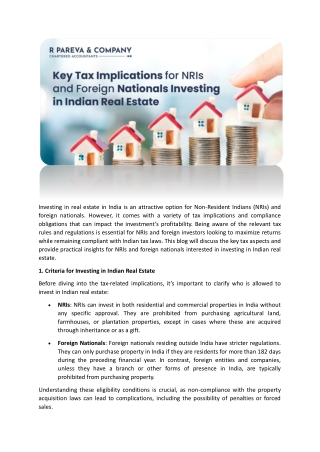 Key Tax Implications for NRIs and Foreign Nationals Investing in Indian Real Estate