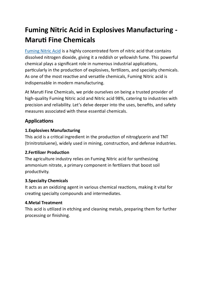 fuming nitric acid in explosives manufacturing