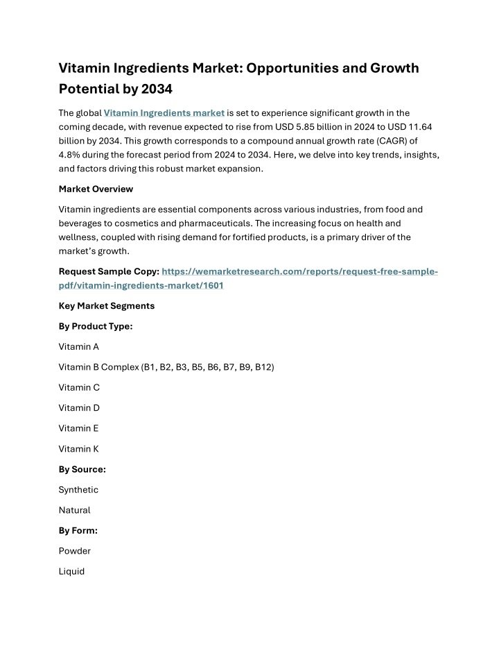 vitamin ingredients market opportunities