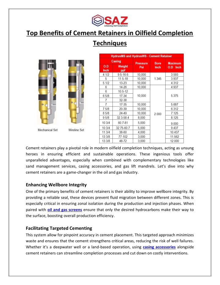 top benefits of cement retainers in oilfield