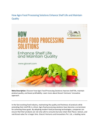 How Agro Food Processing Solutions Enhance Shelf Life and Maintain Quality