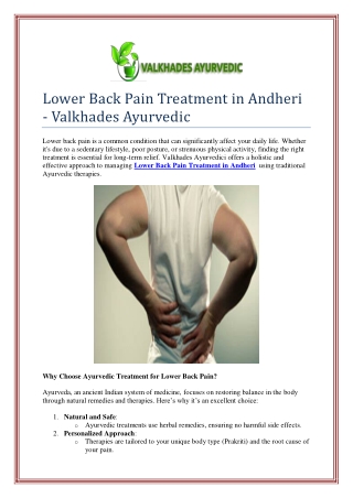 Lower Back Pain Treatment in Andheri - Valkhades Ayurvedic