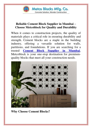 Reliable Cement Block Supplier in Mumbai Choose Metcoblock for Quality and Durability