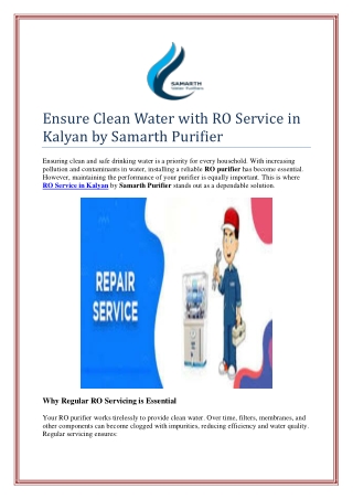 Ensure Clean Water with RO Service in Kalyan by Samarth Purifier