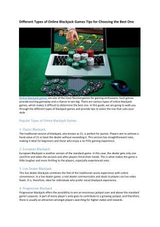 different types of online blackjack games tips