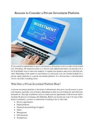 Reasons to Consider a Private Investment Platform