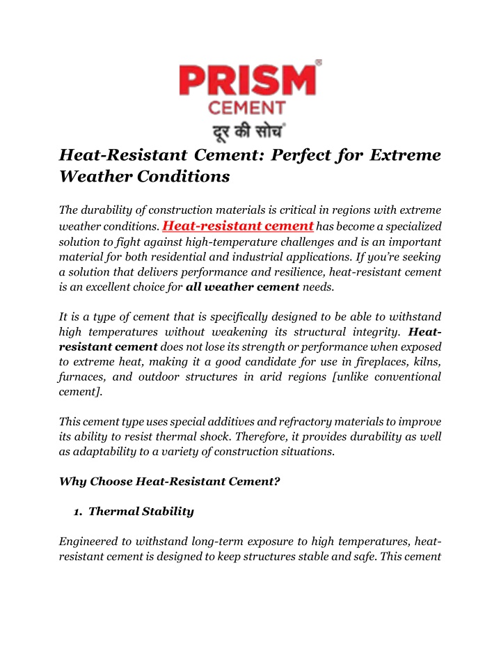 heat resistant cement perfect for extreme weather