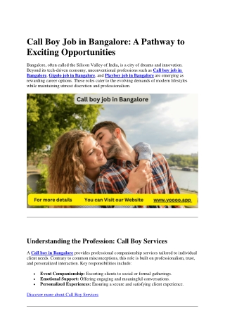Call Boy Job in Bangalore-  A Pathway to Exciting Opportunities