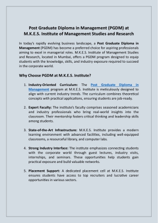 Post Graduate Diploma in Management at MKES