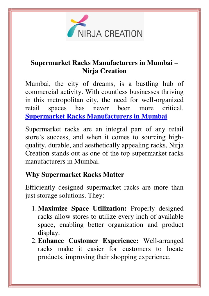 supermarket racks manufacturers in mumbai nirja