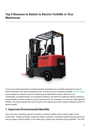 Top 5 Reasons to Switch to Electric Forklifts in Your Warehouse