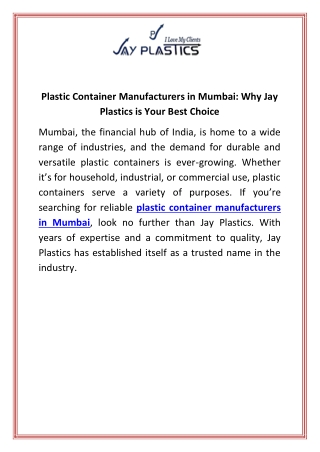 Plastic Container Manufacturers in Mumbai Why Jay Plastics is Your Best Choice