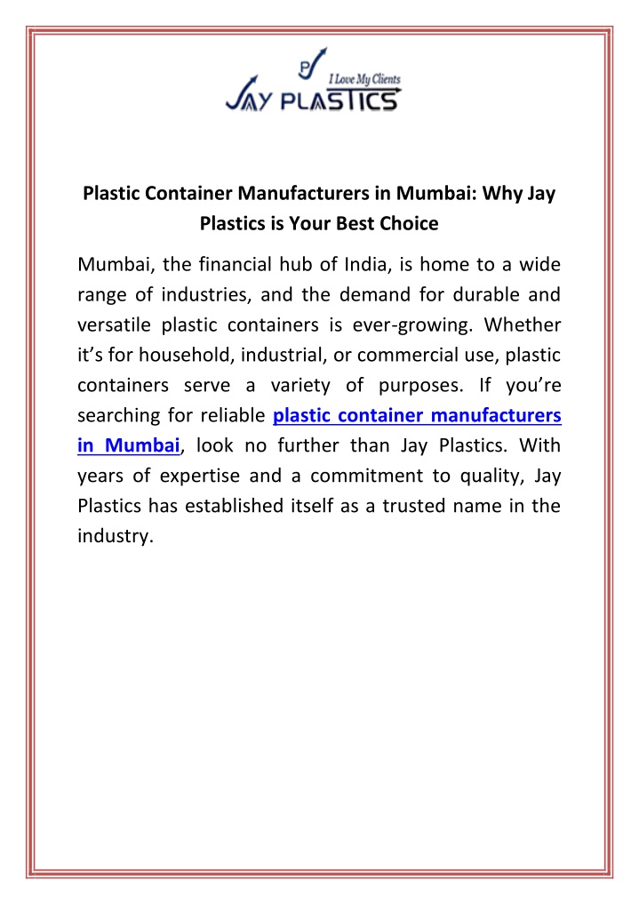 plastic container manufacturers in mumbai