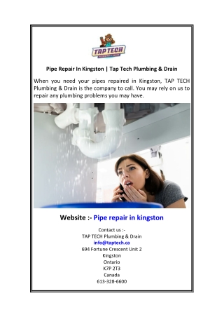 Pipe Repair In Kingston  Tap Tech Plumbing & Drain