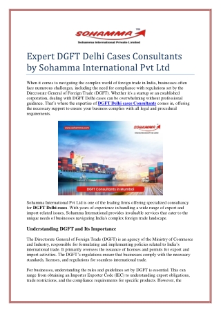 Expert DGFT Delhi Cases Consultants by Sohamma International Pvt Ltd