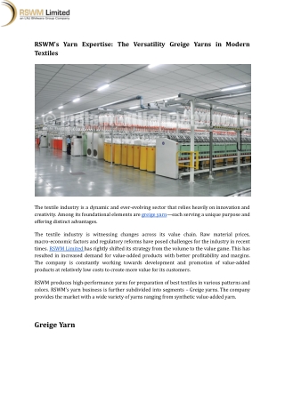 RSWM Limited Yarn Expertise:The Versatility Greige Yarns in Modern Textiles