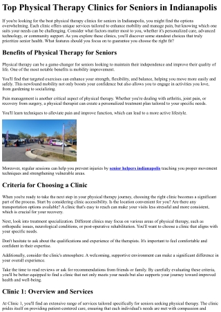 Top Physical Therapy Clinics for Seniors in Indianapolis
