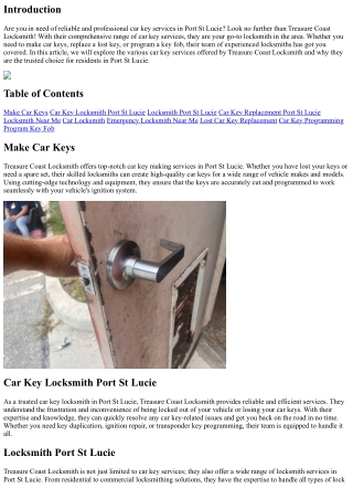 Comprehensive Car Key Services Offered by Treasure Coast Locksmith in Port St Lu