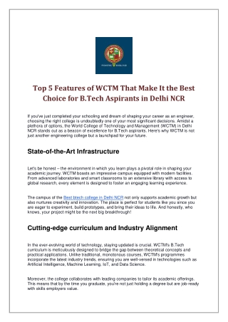 Top 5 Features of WCTM That Make It the Best Choice for B.Tech Aspirants in Delhi NCR