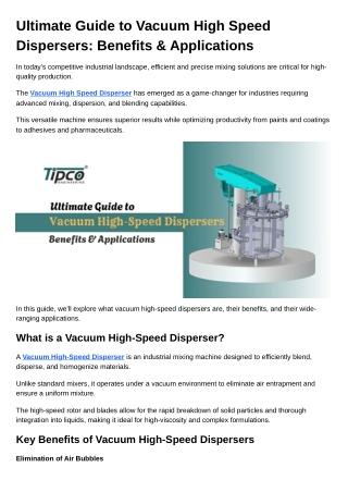 Ultimate Guide to Vacuum High Speed Dispersers Benefits & Applications