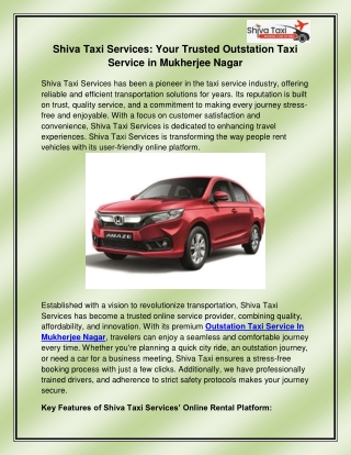 Outstation Taxi Service In Mukherjee Nagar