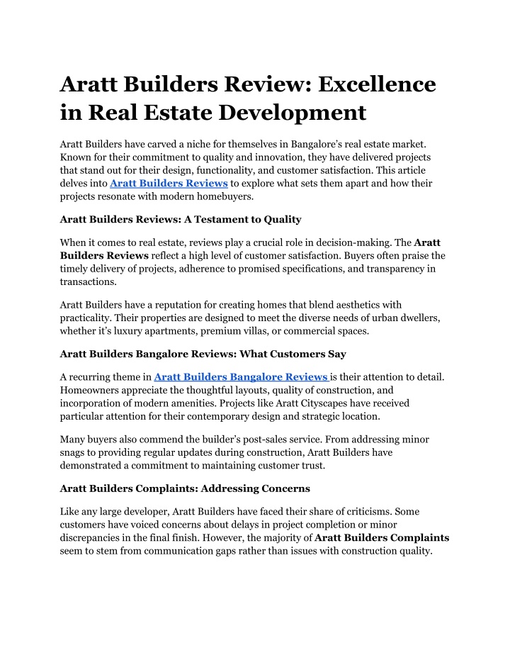 aratt builders review excellence in real estate