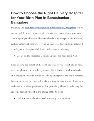 How to Choose the Right Delivery Hospital for Your Birth Plan in Banashankari, Bangalore