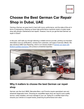 Choose the Best German Car Repair Shop in Dubai, UAE | DME