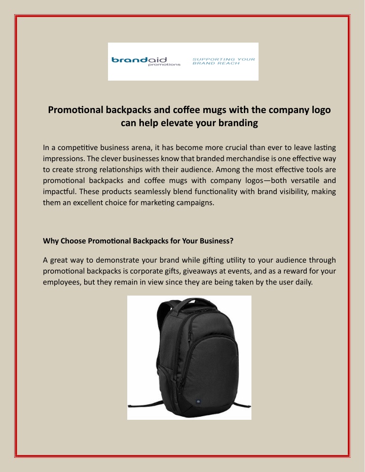 promotional backpacks and coffee mugs with