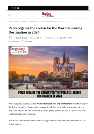 Paris regains the crown for the World’s leading Destination in 2024