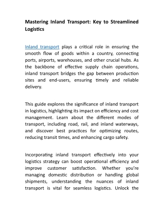 Mastering Inland Transport: Key to Streamlined Logistics