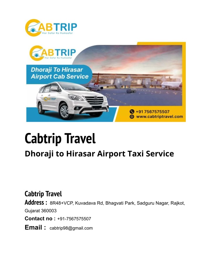 cabtrip travel dhoraji to hirasar airport taxi