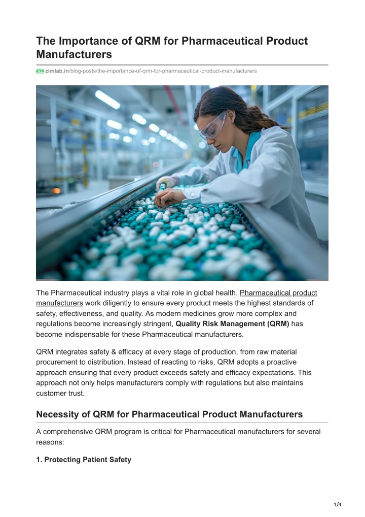 the importance of qrm for pharmaceutical product