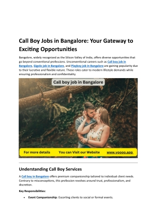 Call Boy Jobs in Bangalore- Your Gateway to Exciting Opportunities