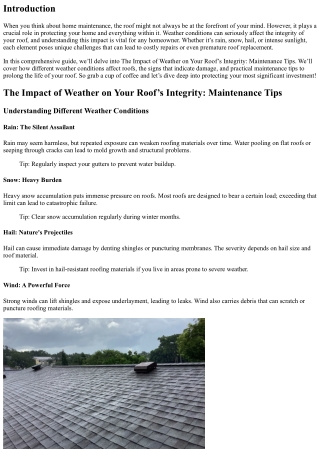 The Impact of Weather on Your Roof’s Integrity: Maintenance Tips