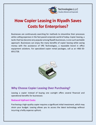 How Copier Leasing in Riyadh Saves Costs for Enterprises?