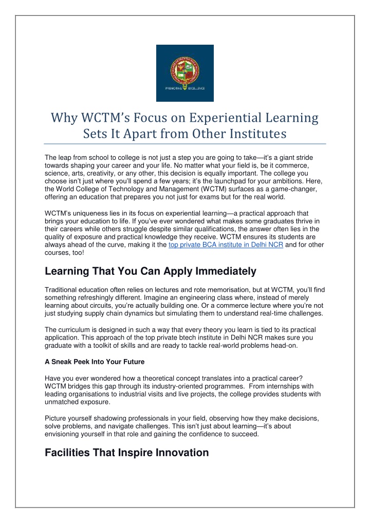 why wctm s focus on experiential learning sets