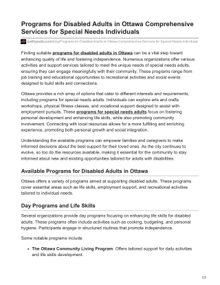 Programs for Disabled Adults in Ottawa Comprehensive Services for Special Needs Individuals