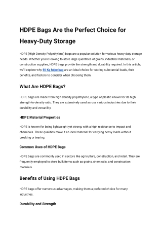 HDPE Bags Are the Perfect Choice for Heavy-Duty Storage