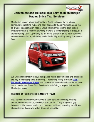 Taxi Service In Mukherjee Nagar