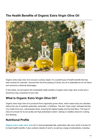 The Health Benefits of Organic Extra Virgin Olive Oil