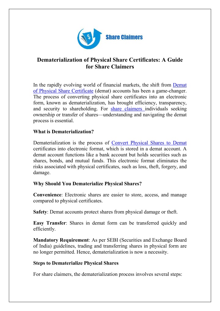 dematerialization of physical share certificates