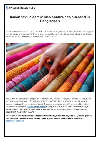 Indian textile companies continue to succeed in Bangladesh