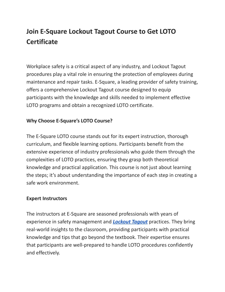 join e square lockout tagout course to get loto