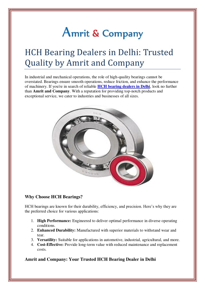 hch bearing dealers in delhi trusted quality