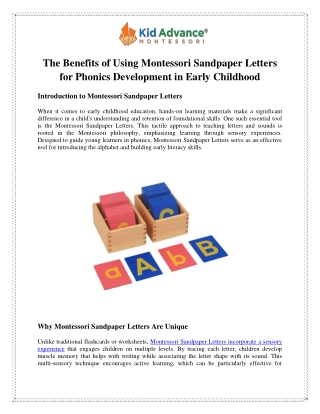 The Benefits of Using Montessori Sandpaper Letters for Phonics Development in Early Childhood