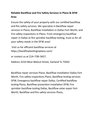 Reliable Backflow and Fire Safety Services in Plano & DFW Area