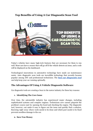 Top Benefits of Using A Car Diagnostic Scan Tool